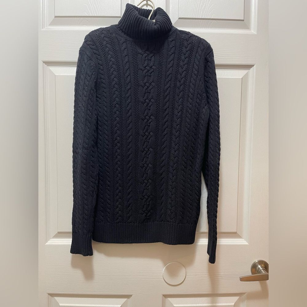 Womens Turtleneck Cable Knit Sweater Size S Black 100% Cotton